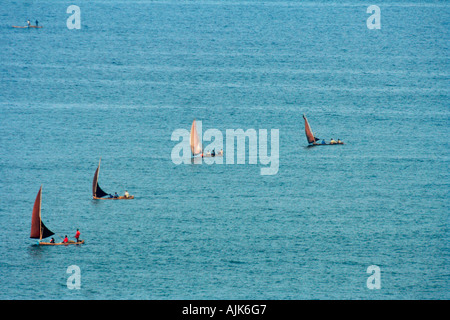 Una fila di barche di salpare da spiaggia di Vizhinjam, Kerala, India Foto Stock