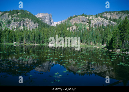 Estate scenic di picco Hallett dalla ninfa Lago Rocky Mtn Nat l parco CO Foto Stock