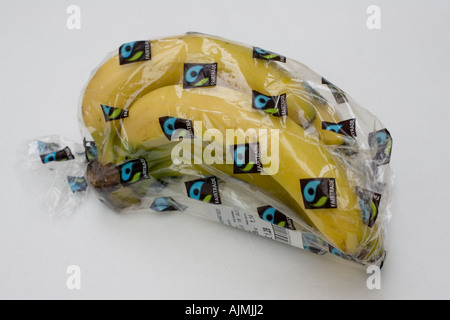 Mazzetto di avvolto Fairtrade banane da tesco con FT logo su confezioni UK Foto Stock