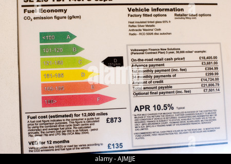 Efficienza del carburante rating grafico sul display dalla nuova VW Jetta auto presso il punto di vendita in showroom CHELTENHAM REGNO UNITO Foto Stock