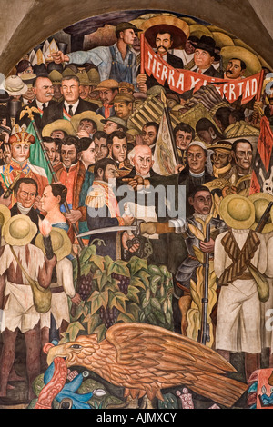 L affresco di Diego Riviera all'interno di Palacio Nacional raffiguranti i primi vita coloniale città del Messico MESSICO Foto Stock