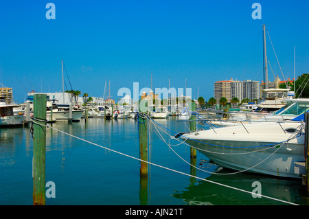 Barche in laguna di piccole dimensioni su mare sarasota bay front Sarasota Florida con ristorante con tetto di paglia di edificio che si trova dietro e lussureggianti palme esotiche t Foto Stock