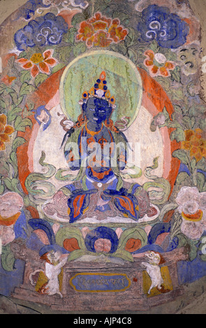 Le spalliere dipinto murale raffigurante il Buddha Hemis Gompa monastero Ladakh Jammu Kashmir India del Nord Foto Stock