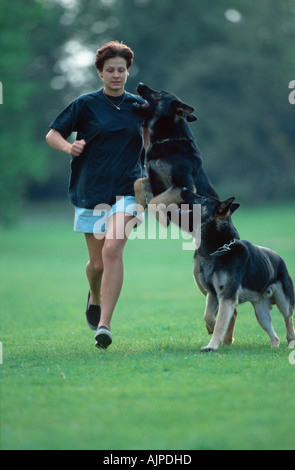 Giovane donna jogging con il tedesco cani da pastore tedesco il cane pastore alsaziano Foto Stock