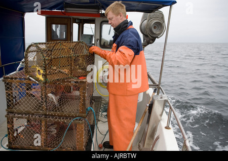 La raccolta di aragosta. Pescatore su una barca in eseguire la preparazione di lobster trap. Kattegat, mare ad ovest della costa svedese, Europa Foto Stock