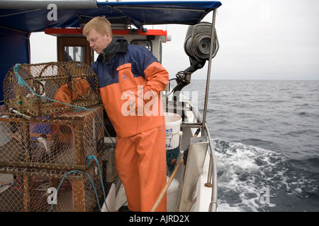 Nordic pescatore su una barca in eseguire la preparazione di lobster trap. Kattegat, mare ad ovest della costa svedese, Europa Foto Stock