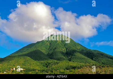 Montare Nevis Peak, simbolo dell'isola caraibica di Nevis, luminoso verde della foresta, cielo blu, sfondo chiaro giorno Foto Stock