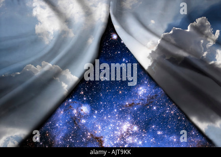 Effettuate digitalmente immagine di tirando indietro il cielo come le tende che mostra lo spazio e il cosmo Foto Stock