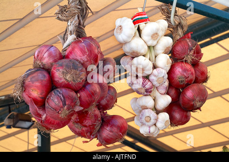 Stringhe di cipolle e aglio appesi al soffitto Foto Stock