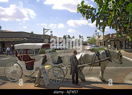 Carro trainato da cavalli su Main Street, il Quartiere delle Arti, Scottsdale, Arizona, Stati Uniti d'America Foto Stock
