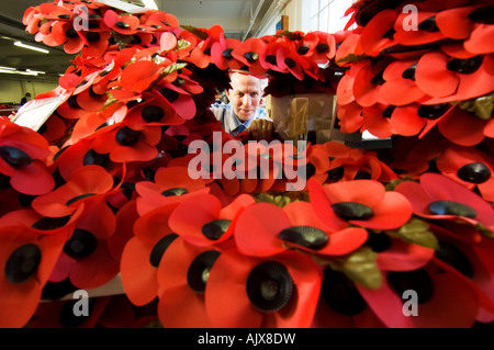 Lavoratore presso la Royal British Legion fabbrica di papavero in Richmond Surrey Foto Stock