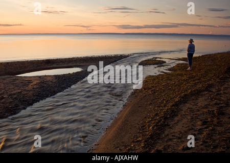 Tourist sulla spiaggia di ghiaia lungo la costa della Baia di Chaleur, Pokeshaw NB Foto Stock