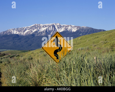 Curva cartello stradale con Wallowa montagne sullo sfondo Joseph Oregon Foto Stock