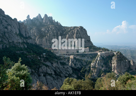Vista del monastero dal Mirador de Sant Miquel, Montserrat, Catalunya, Spagna Foto Stock