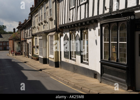 Case bianche e nere incorniciate in legno, edifici Little Walsingham North Norfolk England East Anglia Foto Stock