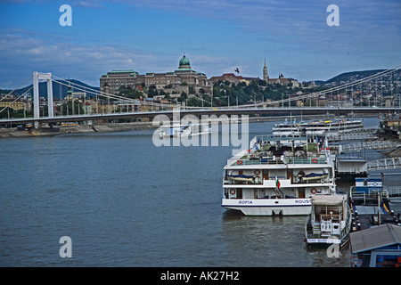 BUDAPEST UNGHERIA Europa Può Erzsebet Hid ponte stradale sul fiume Danubio Foto Stock