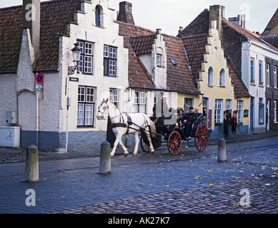 BRUGES BELGIO Unione europea novembre una delle tante carrozze trainate da cavalli che porta i turisti in gita della città Foto Stock