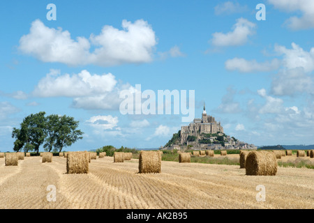 Vista di Mont Saint-Michel attraverso nuovi campi di raccolto, Normandia, Francia Foto Stock