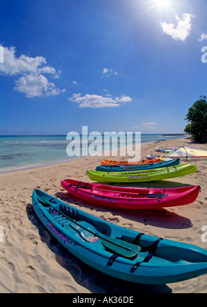 Bahamas Nassau Isole colorato Canoe sulla spiaggia Foto Stock