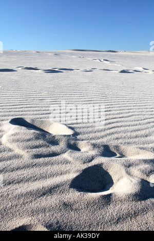 Sabbia bianca sulla spiaggia con impronte, Assateague Island National Seashore Foto Stock