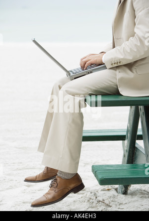 Imprenditore seduto sul tavolo da picnic sulla spiaggia, utilizzando laptop, petto in giù Foto Stock