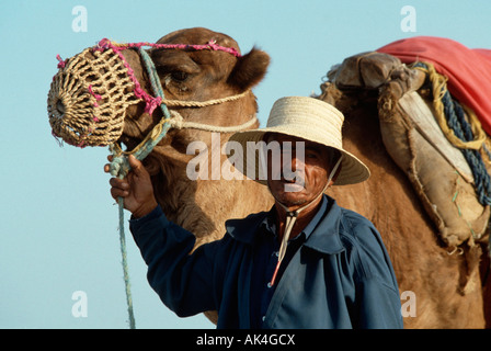 Uomo con dromedario, Djerba Foto Stock