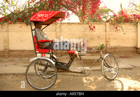 L'uomo addormentato nel suo rickshaw in Agra Foto Stock