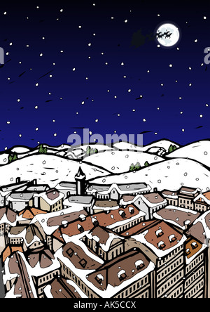 Angolo di Alta Vista della coperta di neve case in una città e silhouette di renne oltre la luna nel cielo di notte Foto Stock