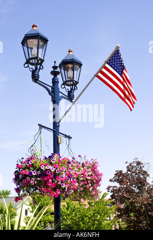 Nei cestini appesi e bandiere su Main Street Lamposts in Frankenmuth Michigan MI Foto Stock