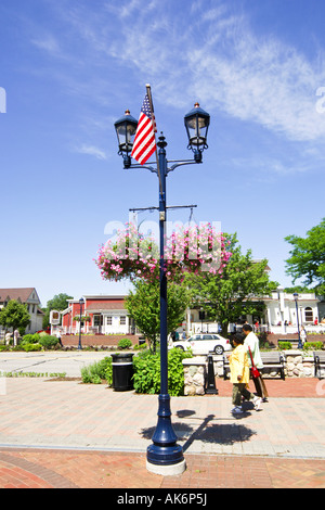 Nei cestini appesi e bandiere su Main Street Lamposts in Frankenmuth Michigan MI Foto Stock