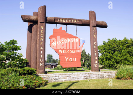 Wisconsin segno di benvenuto a Marinette WI Foto Stock