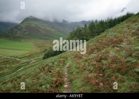 Visualizza in basso dal cloud Buttermere è caduto attraverso la valle Buttermere verso Fleetwith Pike e Haystacks, Lake District, Inghilterra Foto Stock