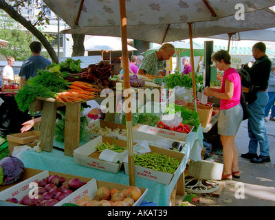 Un agricoltore vende il suo prodotto presso il Burlington VT Farmers Market Foto Stock