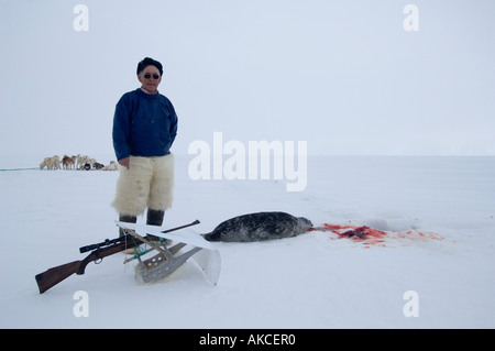 Sussistenza tradizionali Inuit caccia per guarnizione inanellato Qaanaaq Groenlandia Aprile 2006 Foto Stock