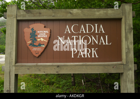 Segno di entrata al Parco Nazionale di Acadia nel Maine Stati Uniti. Foto Stock