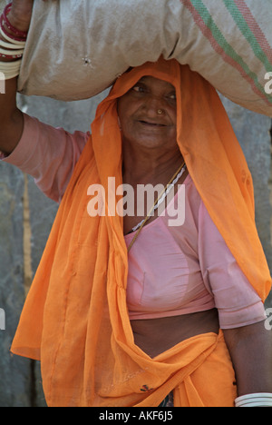 La donna che porta un fascio di fieno in Rajasthan, India Foto Stock