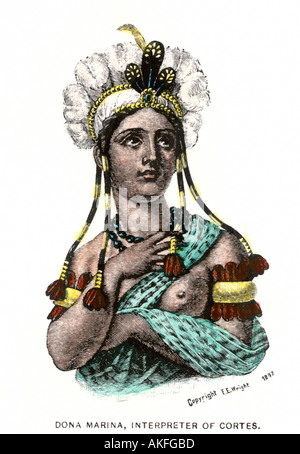 La Malinche Dona Marina nativo interprete messicano per Hernando Cortes nella conquista spagnola del Messico azteco 1500s. Colorate a mano la xilografia Foto Stock