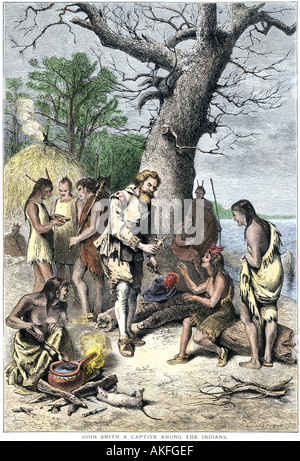 John Smith un captive tra i nativi americani della Virginia Colony 1600s. Colorate a mano la xilografia Foto Stock