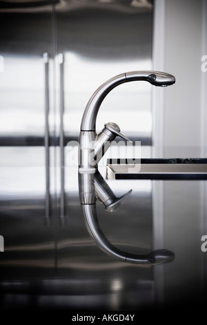 Dettaglio di acciaio inossidabile rubinetto con la riflessione. Foto Stock