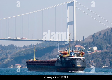 Freighter, sul Bosforo,, Ataturk, bridge, Istanbul, Turchia Foto Stock