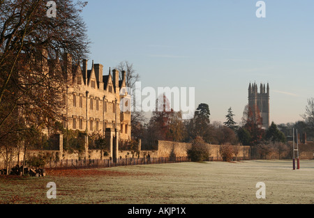 Merton College visto dalla Chiesa di Cristo prato su un gelido mattina autunnale con Magdalen Tower, Università di Oxford, Oxford, Regno Unito Foto Stock