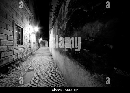 Ciottoli deserta backstreet a notte nel centro di Praga Foto Stock
