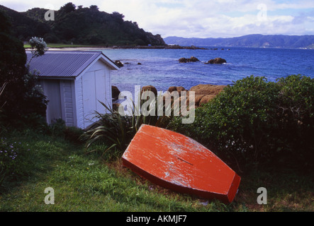 Boatshed e barca capovolta Scorching Bay Wellington Nuova Zelanda Foto Stock