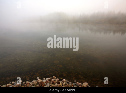 Nebbia di mattina oltre il Fiume Waterhen in scenic Saskatchewan Foto Stock