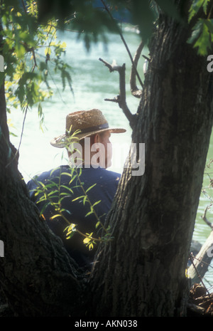 Uomo seduto sotto agli alberi dal lago Foto Stock