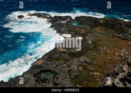 Rocce laviche e soffiare foro al punto Mokolea sull'Oceano Pacifico costa di Maui Hawaii Foto Stock