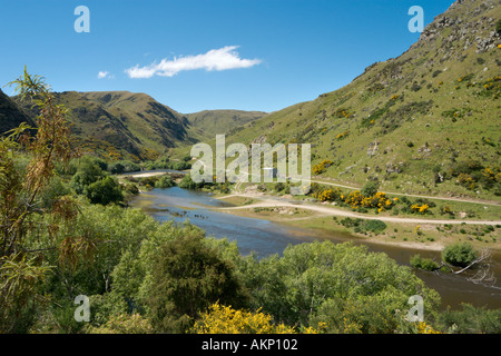 Vista dal treno sul Taieri Gorge Railway da Dunedin, a Hindon, Otago, Isola del Sud, Nuova Zelanda Foto Stock