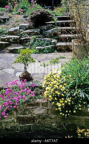 Un piccolo patio in una città giardino in primavera Foto Stock