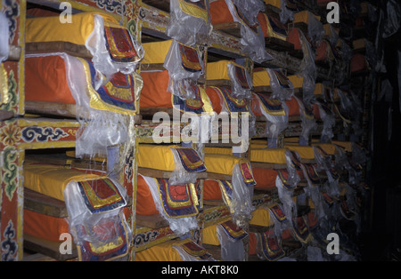 Libreria di gompa Pangboche Solu Khumbu Nepal Foto Stock