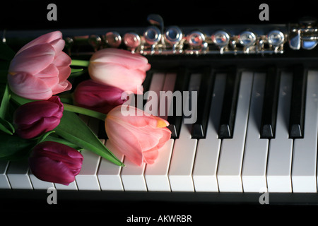 Bouquet di tulipani rosa sulla tastiera di pianoforte con flauto Foto Stock